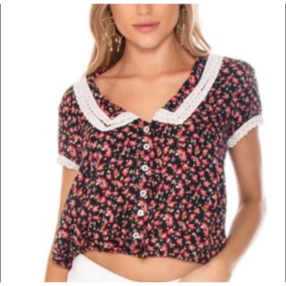 Free People Sz S "The Ana" Black Floral White Lace Peter Pan Collar Cottagecore